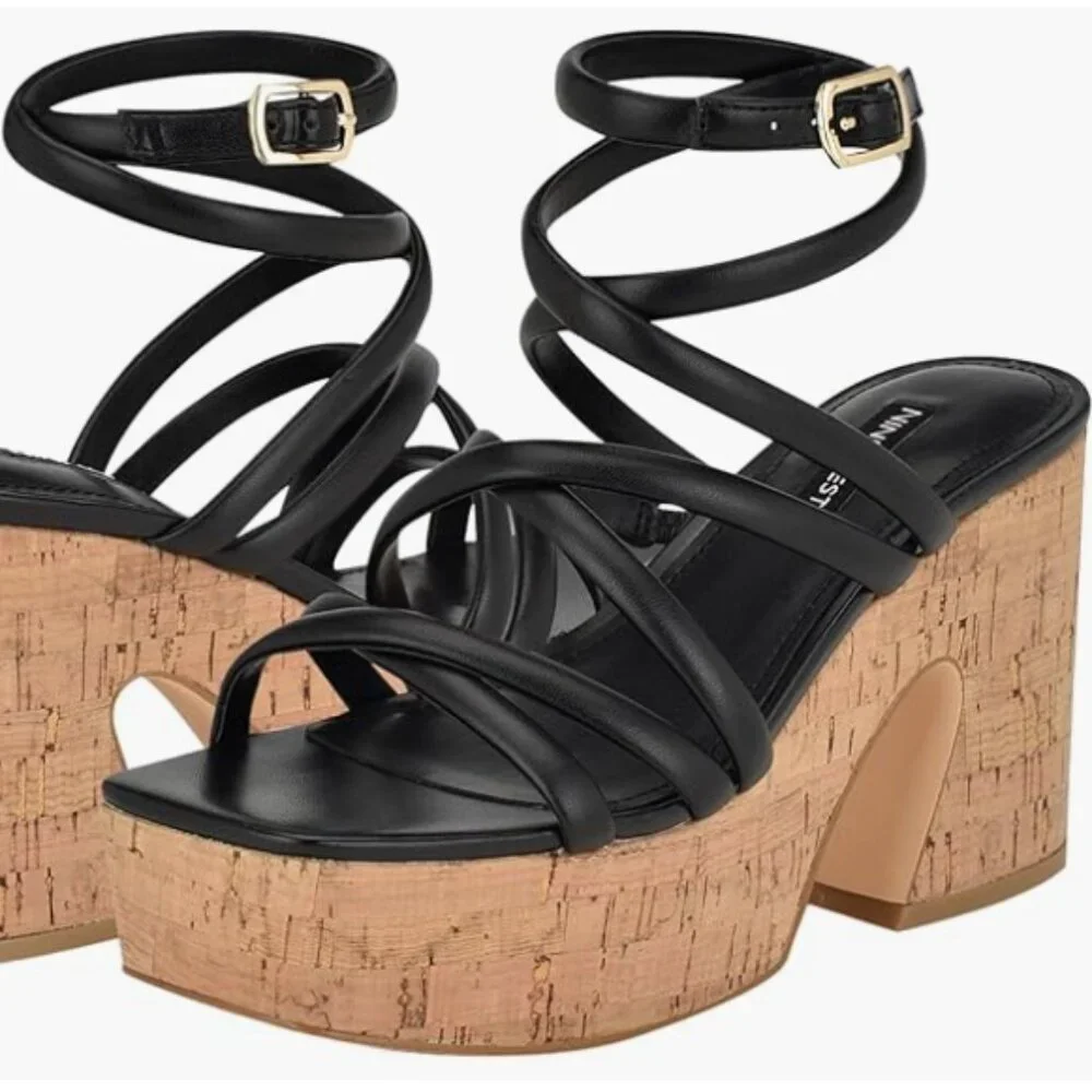 Nine West womens Platform Heel Sandal Strappy Corke3 Size 9M Black
